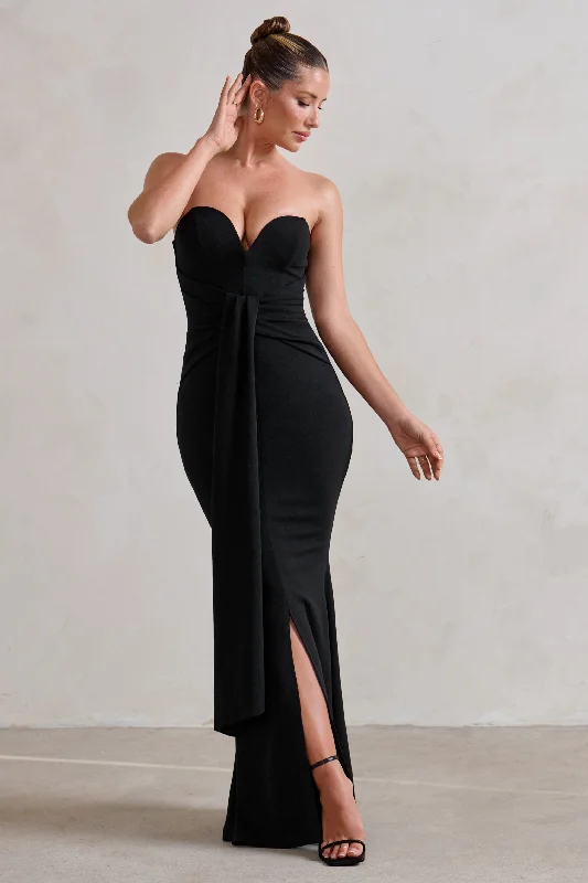 mock neck evening dress-Carrie | Black Sweetheart Neckline Maxi Dress With Statement Tie