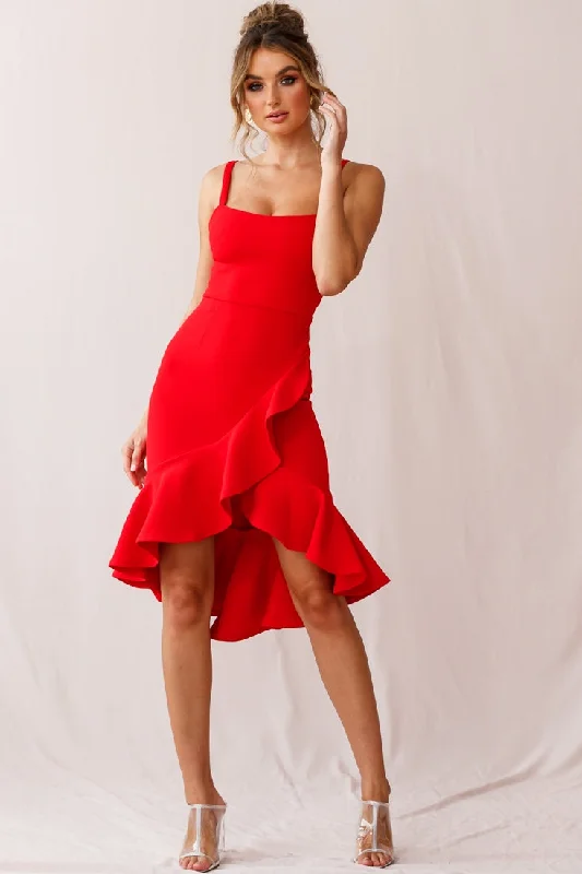 hand-stitched dress-Cartagena High-Low Asymmetric Salsa Dress Red