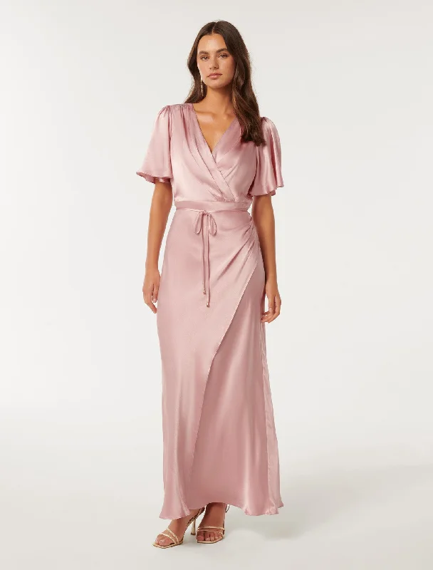 violet prom dress-Chelsea Flutter Sleeve Satin Maxi Dress