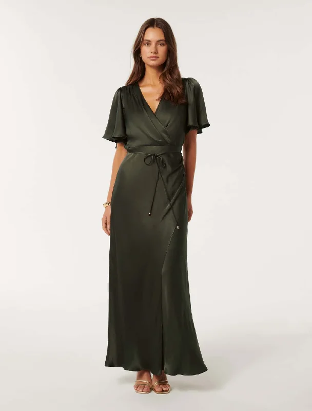 flared lace dress-Chelsea Flutter Sleeve Satin Maxi Dress