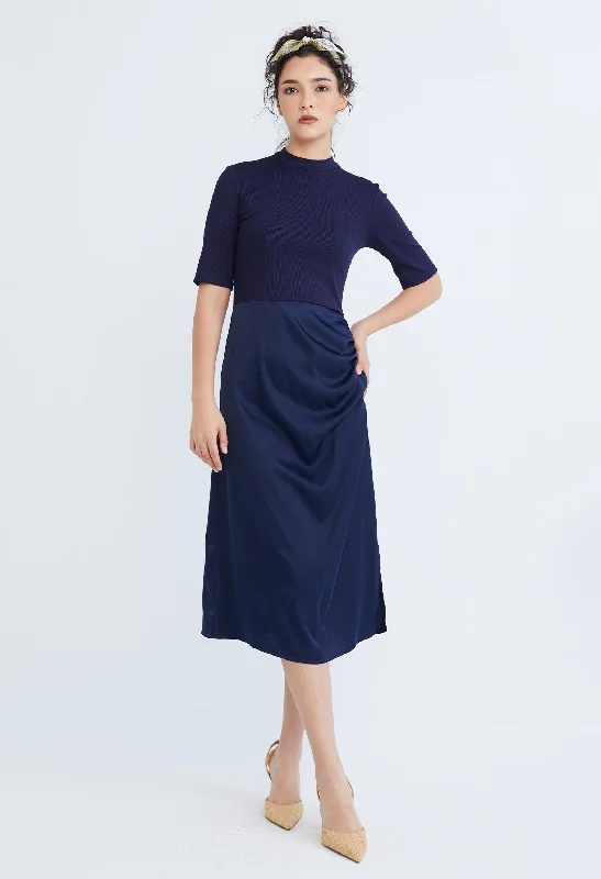 indigo sundress-Dual Fabric Turtleneck Sheath Dress