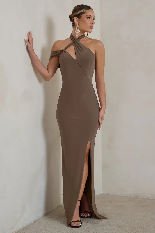 lilac prom dress-Clementine | Mocha Asymmetric Neckline Maxi Dress With Thigh Split