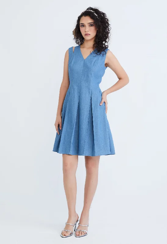 platinum sundress-Cold Shoulder Pleated Denim Dress