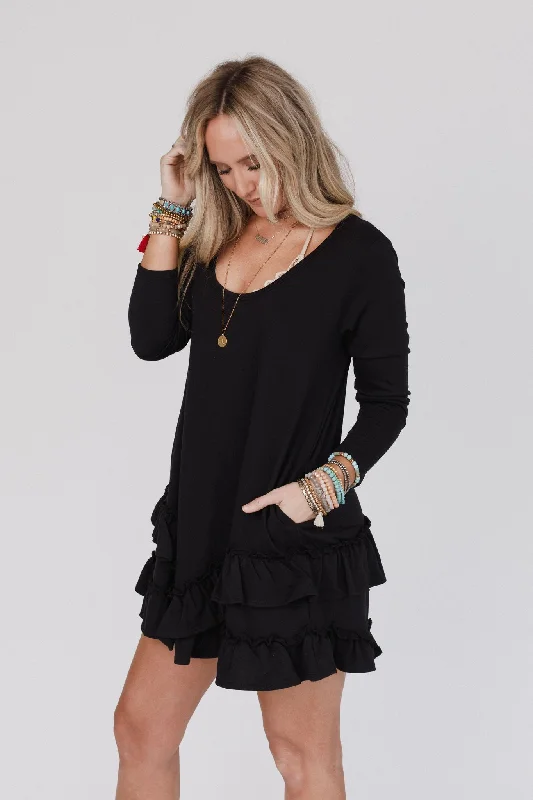 tartan maxi dress-The Nest Constance Ruffle Hem Long Sleeve Dress - Black