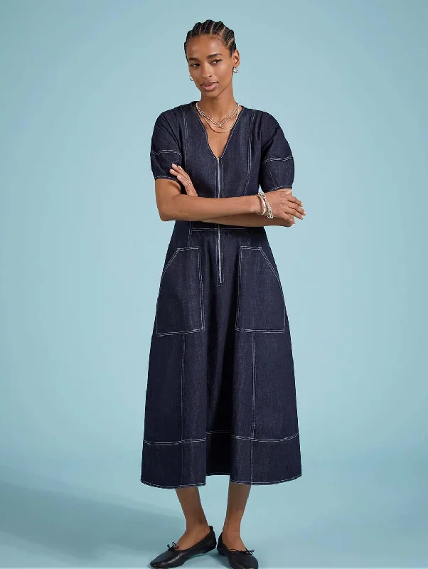 short ruffled dress-Coralie Organic Denim Dress | Dark Denim