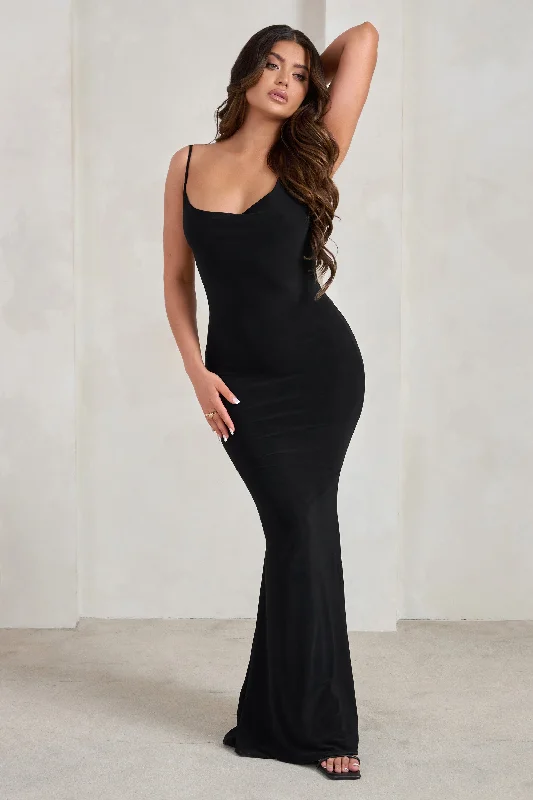 gypsy sundress-Corinne | Black Asymmetric Cowl Neck Backless Maxi Dress