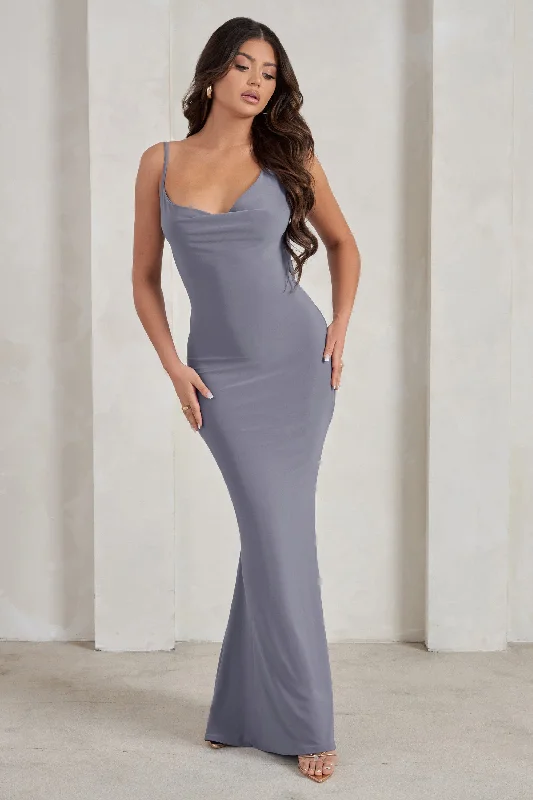 retro evening dress-Corinne | Grey Asymmetric Cowl Neck Backless Maxi Dress