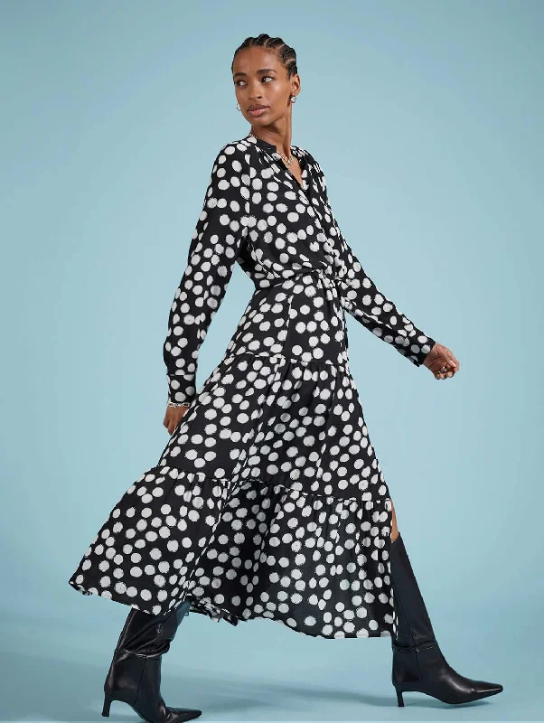 midnight blue cocktail dress-Cornelia LENZING™ ECOVERO™ Maxi Shirt Dress | Black Painted Polka