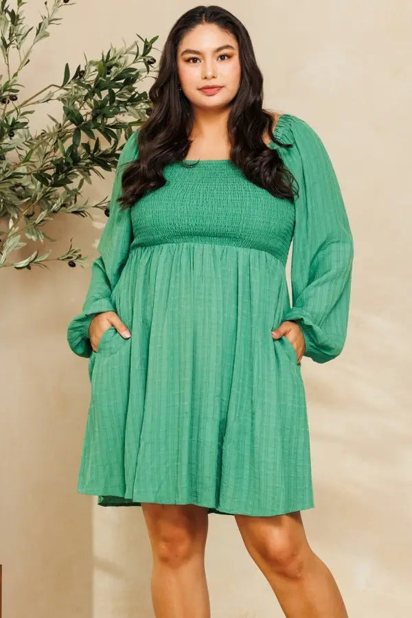 voluminous cocktail dress-Curvy Girl Wovin Smocked Mini Dress