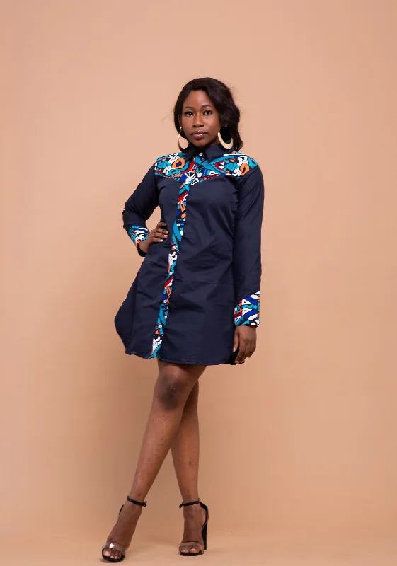 sunny yellow sundress-Dakota Button Down Shirt Dress | Navy Blue and  Ankara African Print