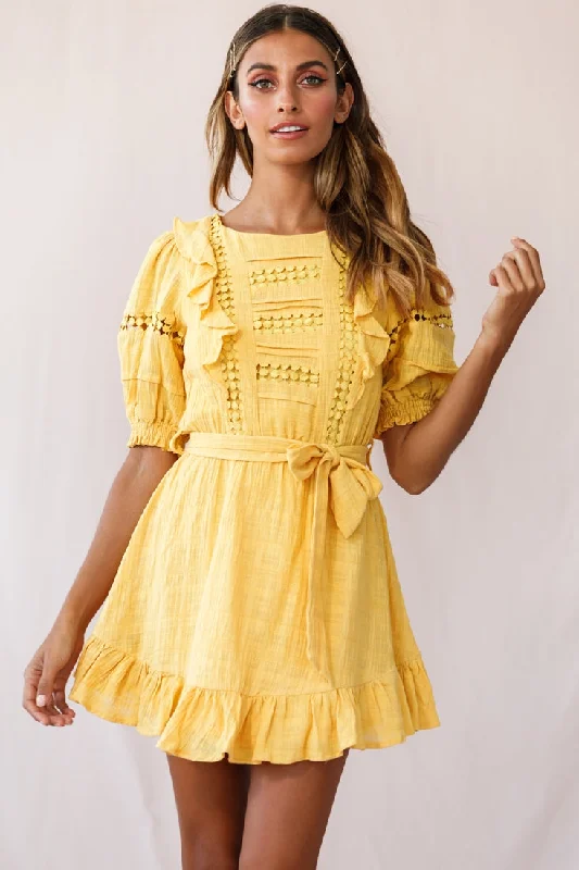 blush lace dress-Delia Puff Sleeve Crochet Detail Dress Mustard