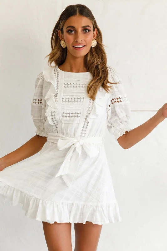 cinched cocktail dress-Delia Puff Sleeve Crochet Detail Dress White