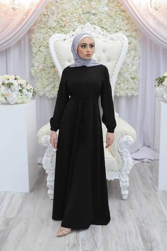 smocked midi dress-Deluxe Soft Essential Abaya- Black