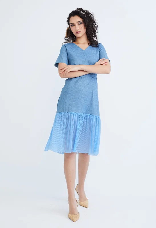 snow white sundress-Denim Chiffon Pleated Combo Fabric Belted Dress