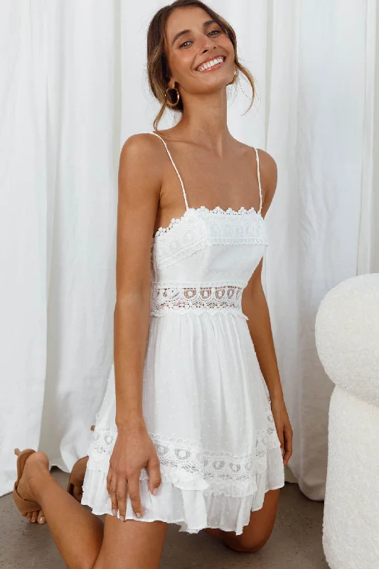 sparkling sundress-Desert Nights Crochet Lace Trim Tied Back Sun Dress White