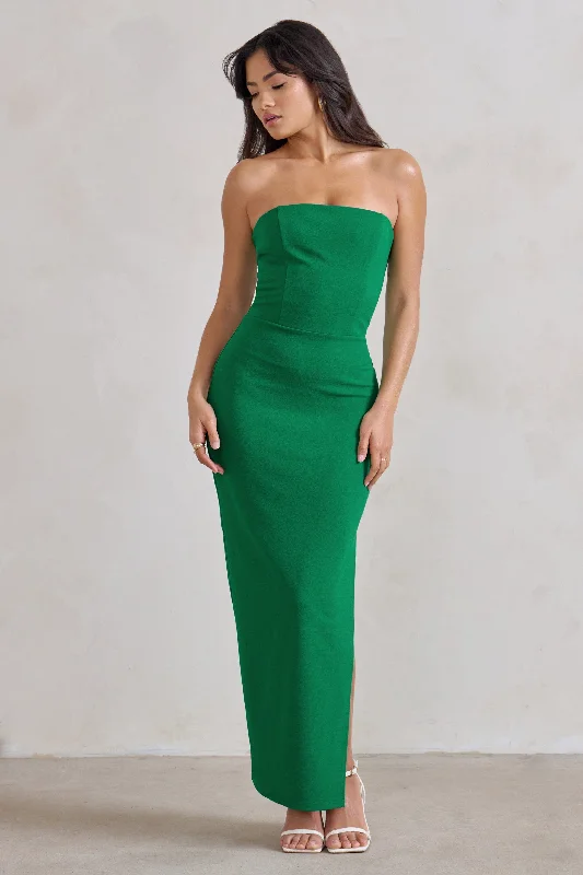 voluminous evening dress-Dina | Green Bandeau Maxi Dress With Split