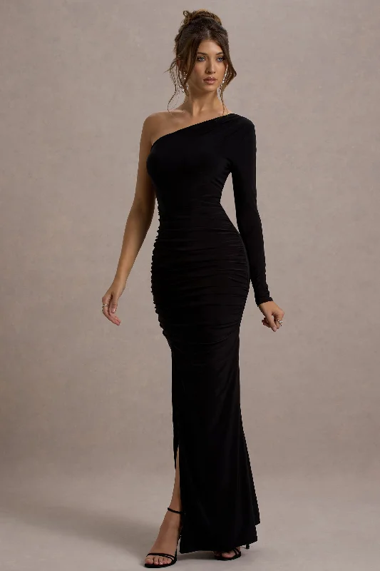 festive evening dress-Doll | Black Asymmetric One Sleeve Ruched Maxi Dress