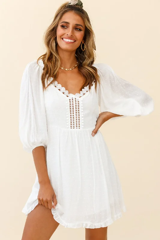 ivory satin dress-Dream Lover Puff Sleeve Crochet Insert Dress White