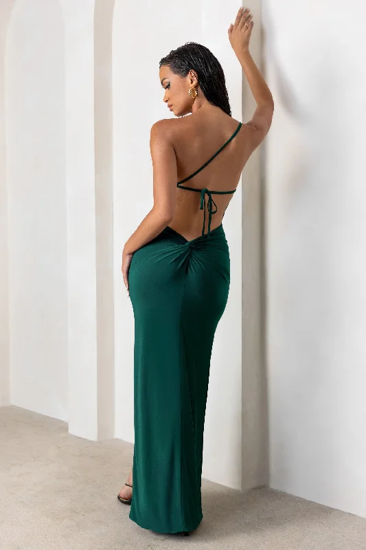 tropical party dress-Dressing Up | Bottle Green One Shoulder Maxi Dress With Open Back Detail