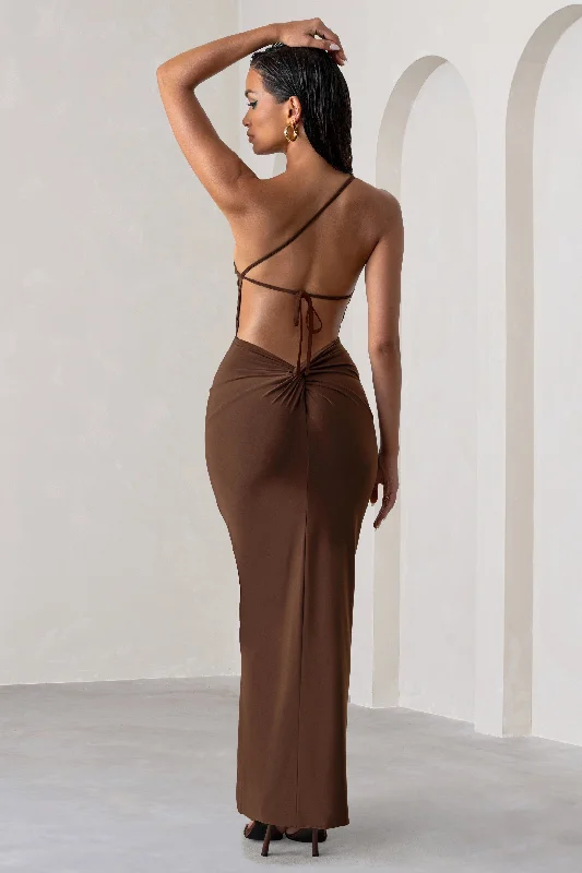 chevron cocktail dress-Dressing Up | Chocolate Brown One Shoulder Maxi Dress With Open Back Detail