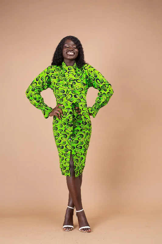 forest green sundress-Effiong Ankara Button Down Shirt Dress | Green African Print