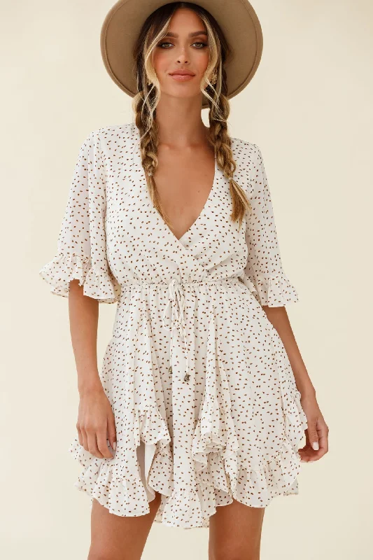 deep plunge dress-El Cerrito Flared Sleeve Godet Hem Dress Speckle Print Beige