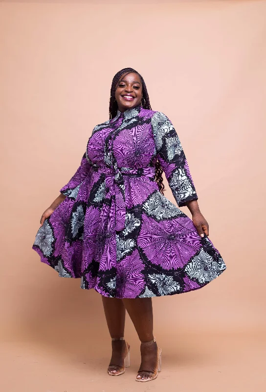 retro cocktail dress-Elisa Ankara Button Down Shirt Dress | Purple African Print