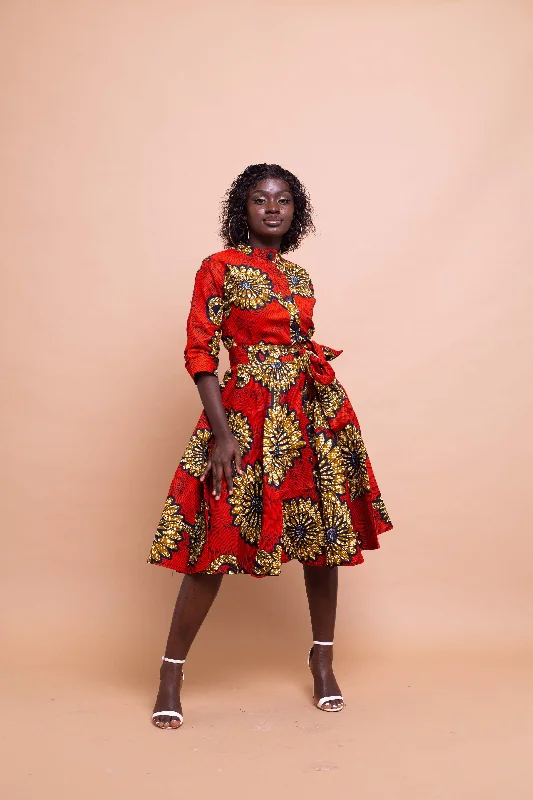 bell sleeve cocktail dress-Ella Ankara Button Down Shirt Dress | Red African Print