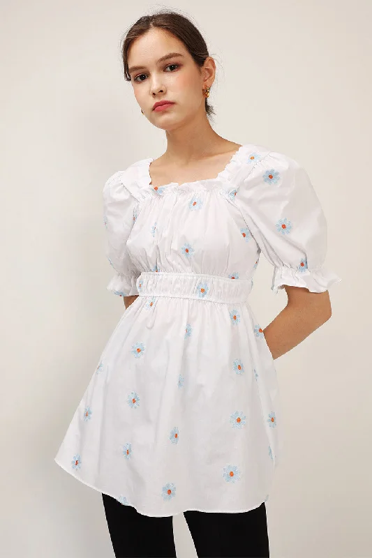 gathered sundress-Elle Daisy Embroidery Puffed Dress