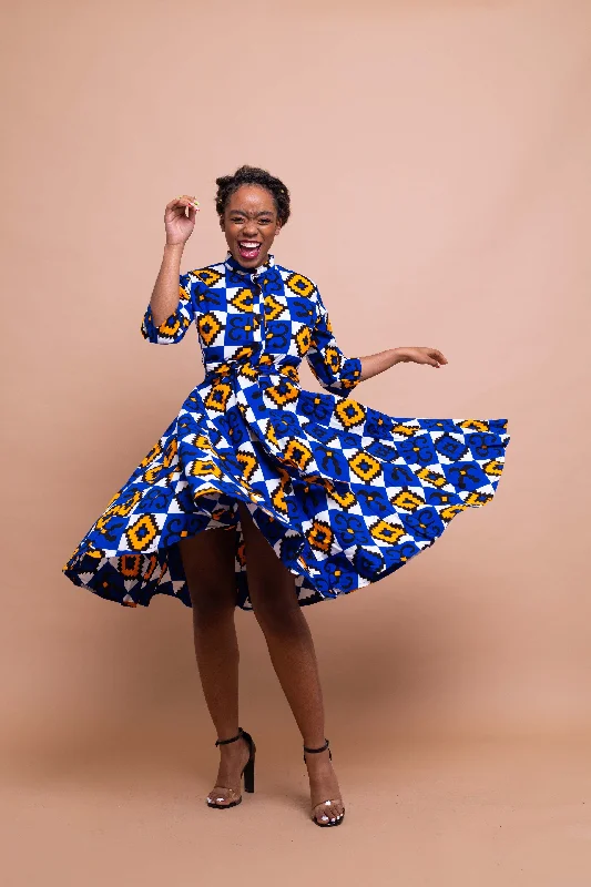 midnight blue sundress-Emilia Ankara Button Down Shirt Dress | Blue African Print