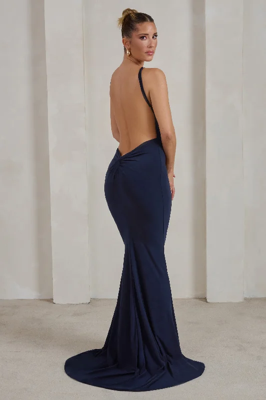 cozy prom dress-Endless Love | Navy Backless Knot Detail Fishtail Maxi Dress