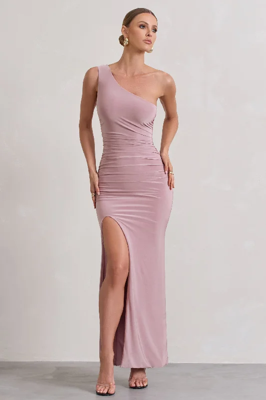 indigo evening dress-Ethereal | Dusky Lilac One Shoulder Ruched Split Maxi Dress