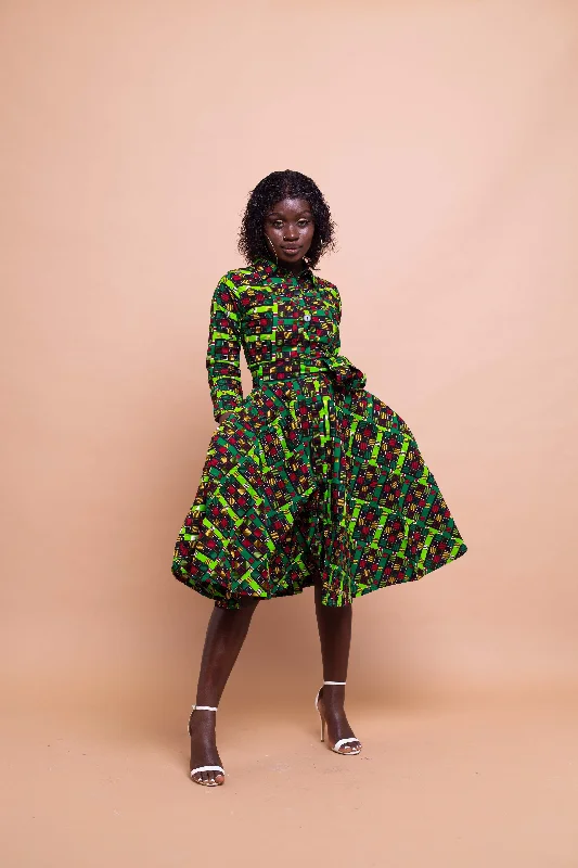 puffed sleeve cocktail dress-Eva Ankara Button Down Shirt Dress | Green and Red African Print