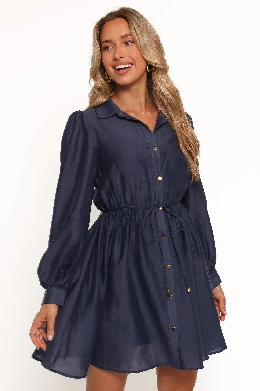 festive satin dress-Everett Long Sleeve Mini Dress - Navy