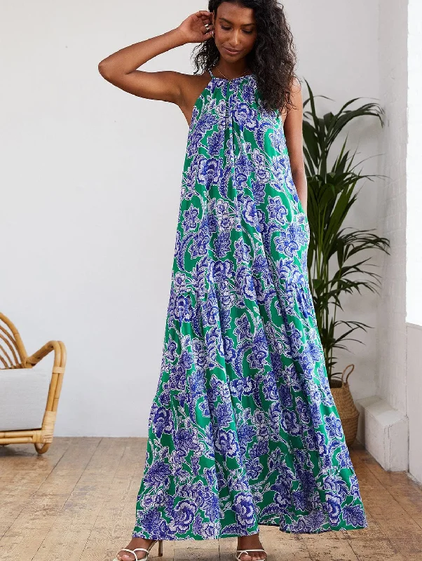 fringed evening dress-Everly Positano Print LENZING™ ECOVERO™ Halterneck Maxi Dress | Green & Blue