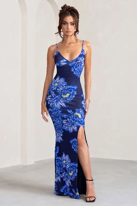 relaxed sundress-Farah | Blue Floral Print Plunge Neck Maxi Dress With Split Detail