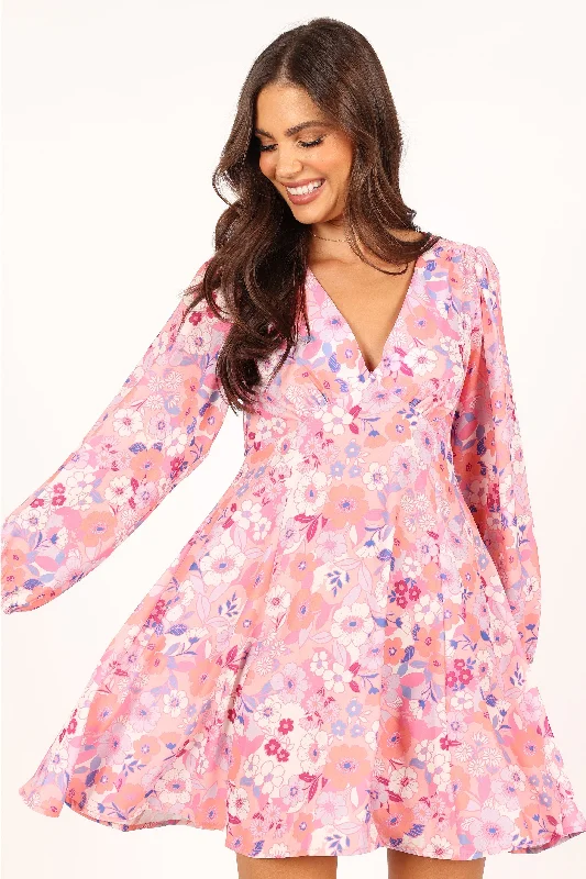 green floral dress-Finnick Long Sleeve Mini Dress - Pink Floral