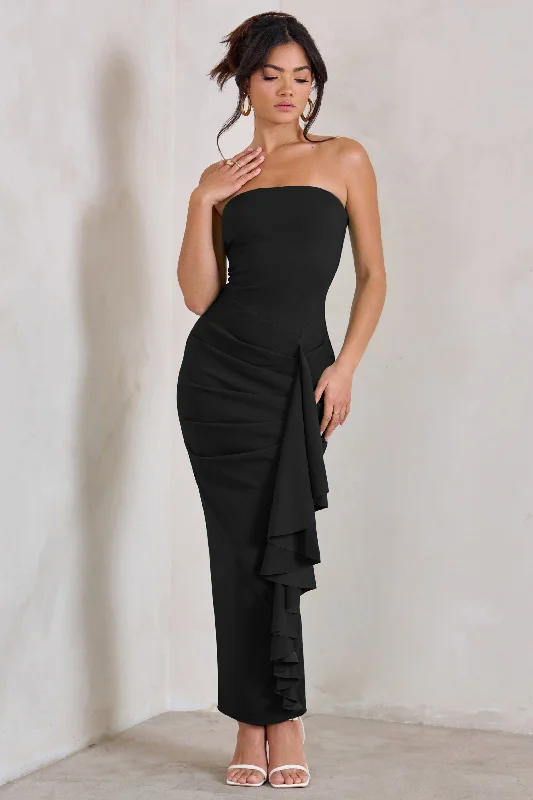 deep plunge evening dress-Fleur | Black Bandeau Ruffle Maxi Dress