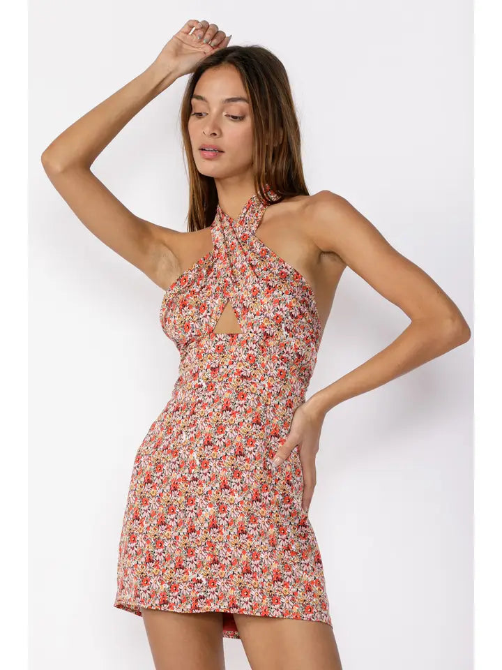 checked sundress-Floral Crossed Neck Halter Mini