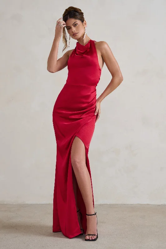 fishtail sundress-Forever Feature | Berry Red High Neck Wrap Maxi Dress