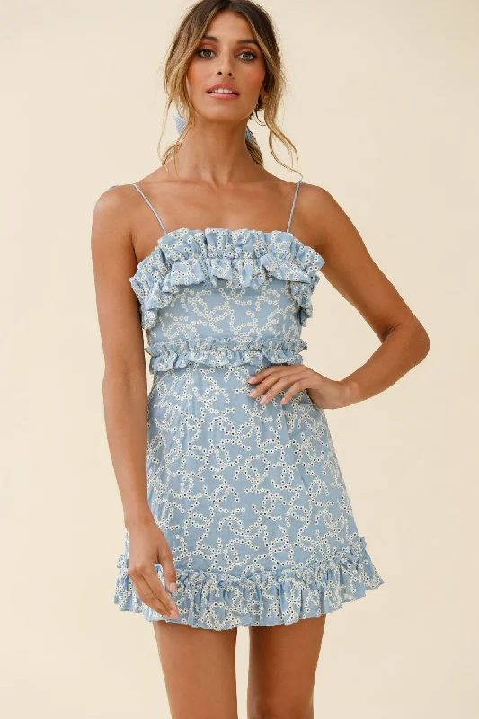 fringed prom dress-Frill Seeker Eyelet Embroidery Tied Back Dress Denim Blue