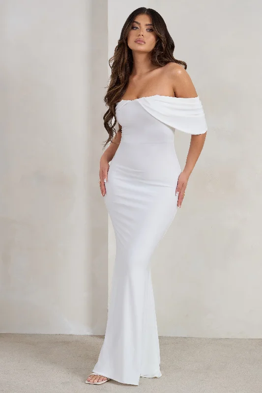 snow white prom dress-Gabrielle | White Bardot Neckline With Drape Sleeves Maxi Dress