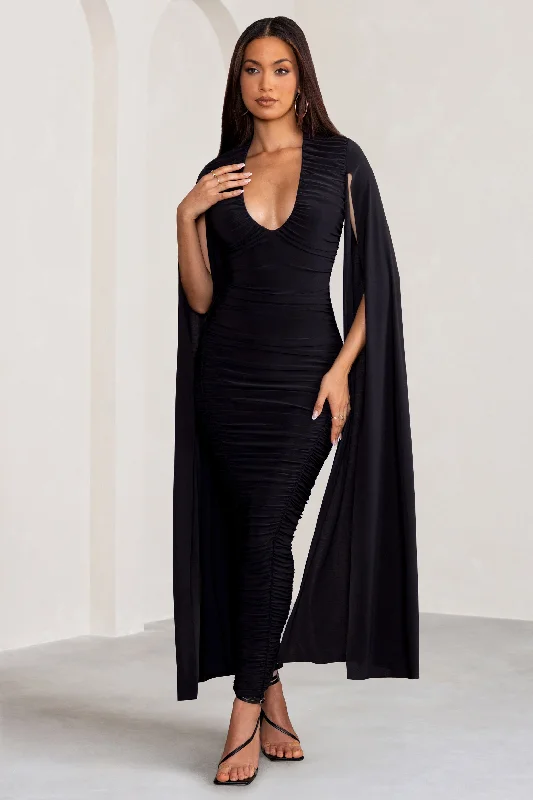 faux leather cocktail dress-Georgiana | Black Plunge Ruched Maxi Dress with Cape Sleeves