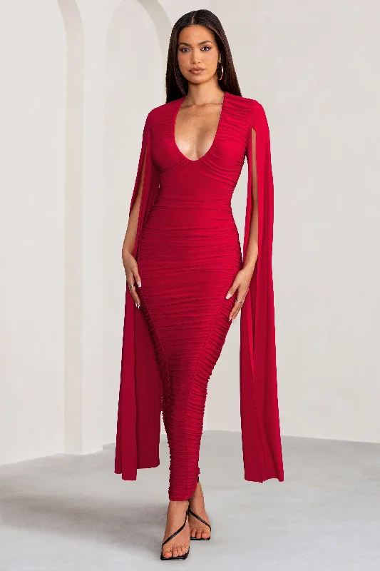 mesh sleeve cocktail dress-Georgiana | Red Plunge Ruched Maxi Dress with Cape Sleeves