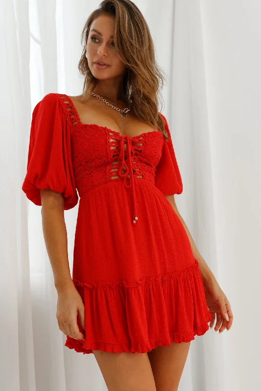 retro mini dress-Golden Hour Lace-Up Front Crochet Dress Red