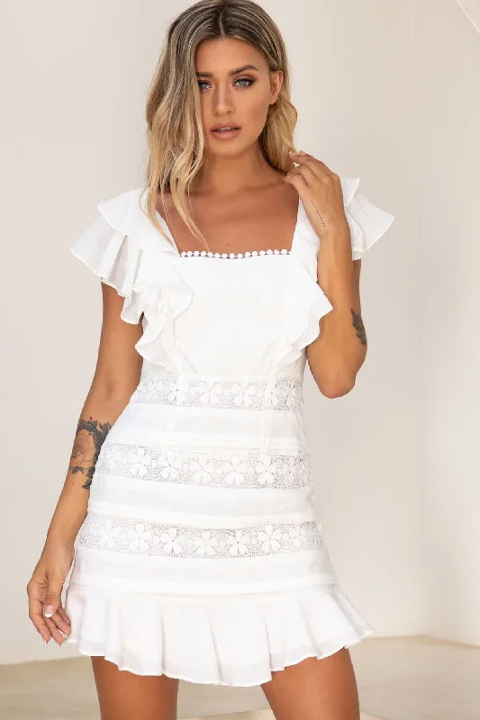 relaxed sundress-Good Graces Ruffle Shoulder Crochet Insert Dress White