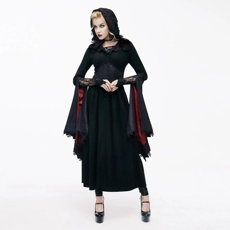 tangerine summer dress-Women's Goth Ankle Dress With Hood and Angel Sleeves