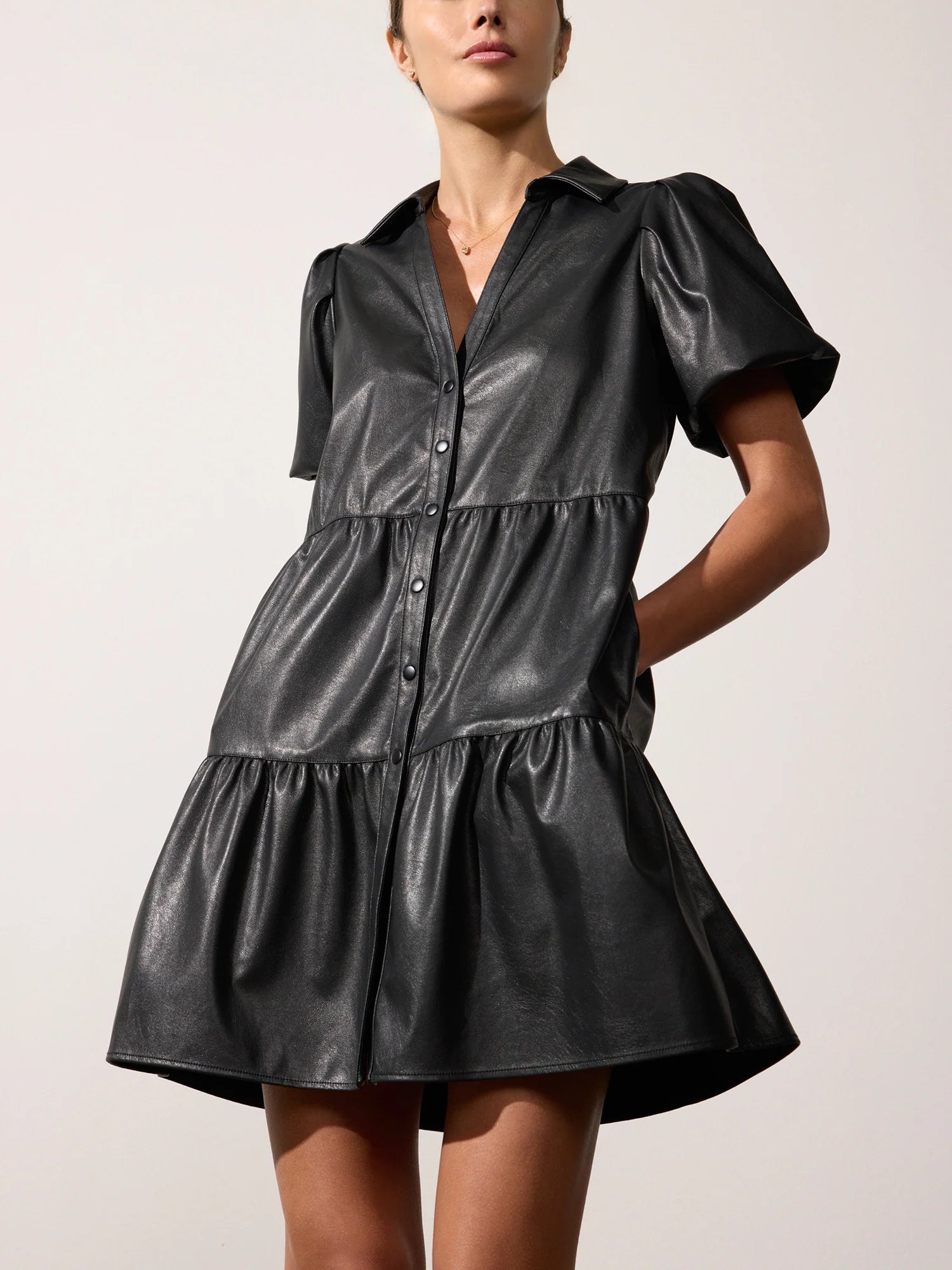 flared evening dress-Havana Vegan Leather Mini Dress Black Onyx