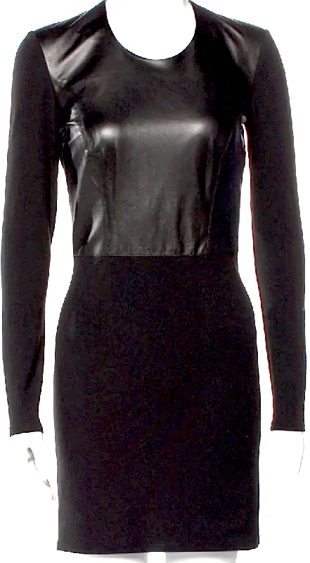 modern evening dress-Helmut Lang NY. Black Lambskin Leather Rayon/Nylon/Elastane Blend Fabric Crew Neck Mini Dress