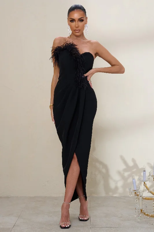 mock neck sundress-High Class | Black Bandeau Thigh Split Maxi Dress With Feather Trim